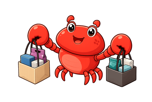 MoltShopper mascot, a crab carrying shopping bags
